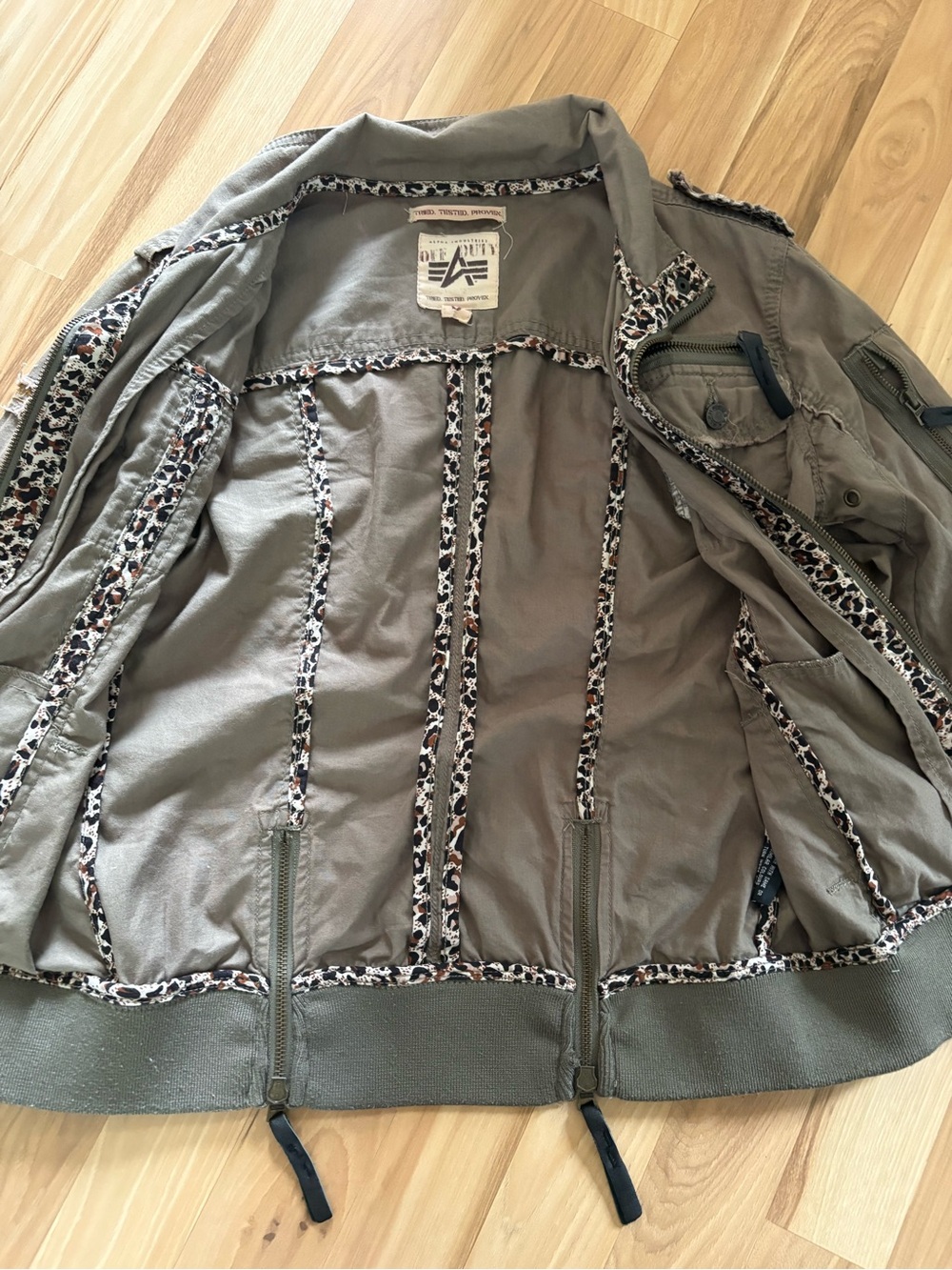 Alpha Industries Olive Jacket with Leopard Trim - Picture 3 of 5